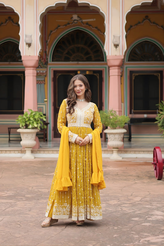 Stunning Yellow Embroidered Faux Georgette Anarkali Salwar Suit with Dupatta for Wedding