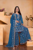 Royal Teal Blue Embroidered Faux Georgette Palazzo Suit with Dupatta for Wedding