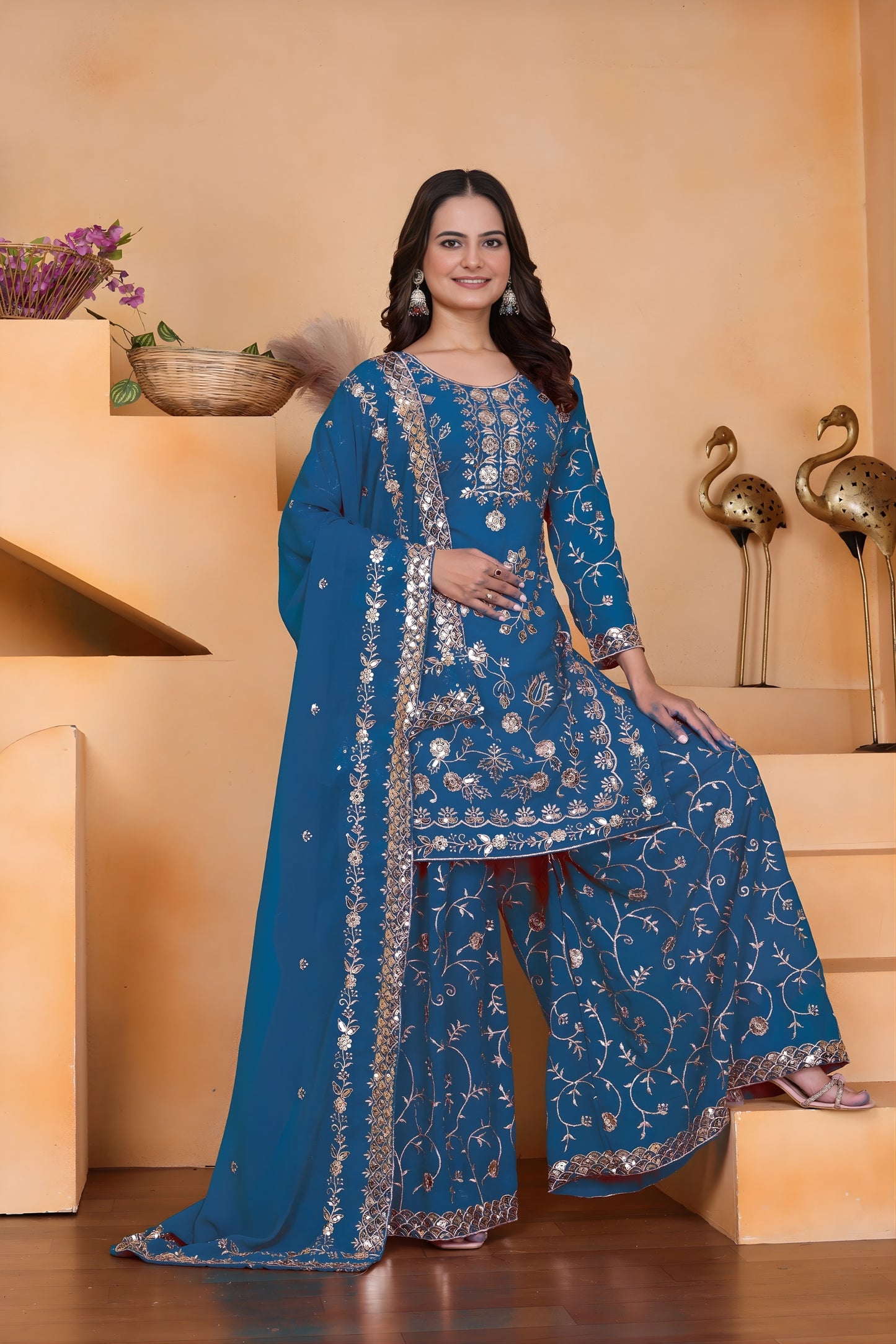 Royal Teal Blue Embroidered Faux Georgette Palazzo Suit with Dupatta for Wedding