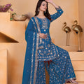 Royal Teal Blue Embroidered Faux Georgette Palazzo Suit with Dupatta for Wedding
