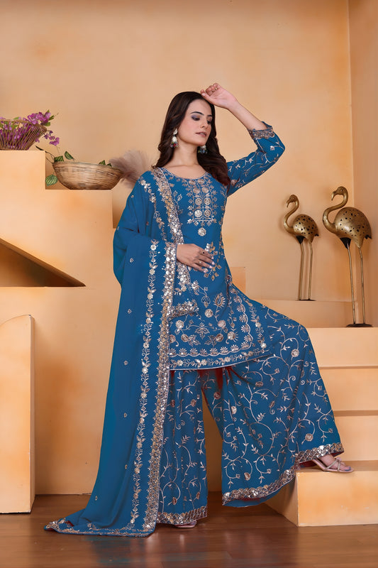 Royal Teal Blue Embroidered Faux Georgette Palazzo Suit with Dupatta for Wedding