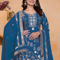 Royal Teal Blue Embroidered Faux Georgette Palazzo Suit with Dupatta for Wedding