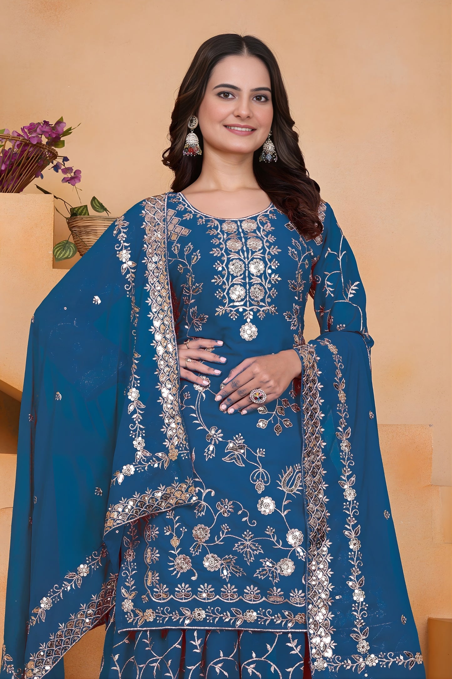 Royal Teal Blue Embroidered Faux Georgette Palazzo Suit with Dupatta for Wedding