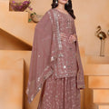 Elegant Mauve Embroidered Faux Georgette Palazzo Suit with Dupatta for Wedding