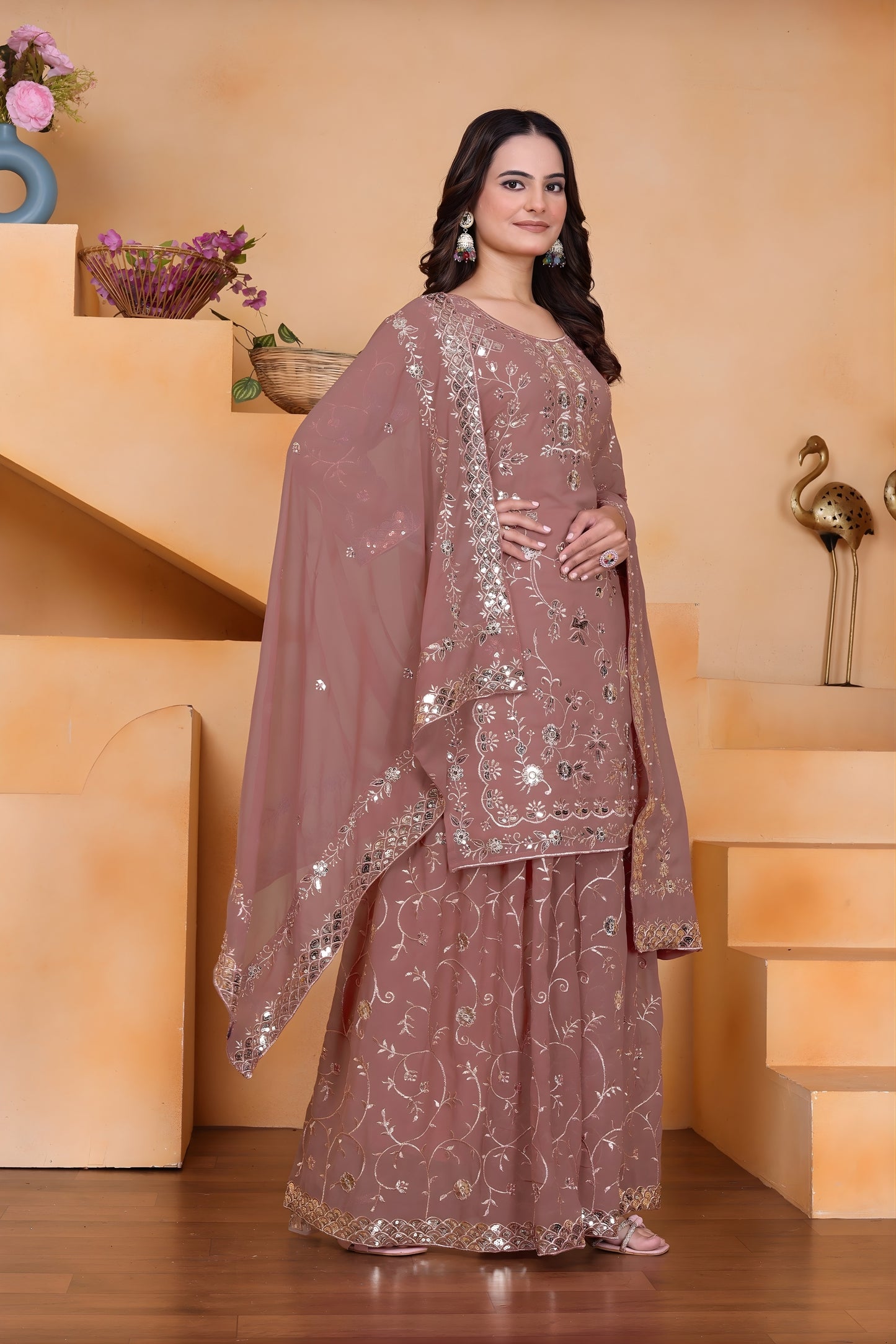 Elegant Mauve Embroidered Faux Georgette Palazzo Suit with Dupatta for Wedding