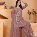 Elegant Mauve Embroidered Faux Georgette Palazzo Suit with Dupatta for Wedding