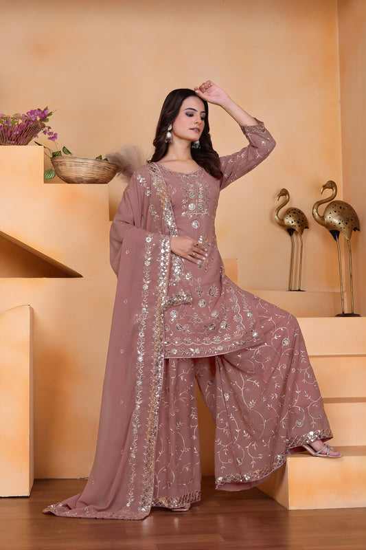 Elegant Mauve Embroidered Faux Georgette Palazzo Suit with Dupatta for Wedding