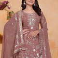 Elegant Mauve Embroidered Faux Georgette Palazzo Suit with Dupatta for Wedding