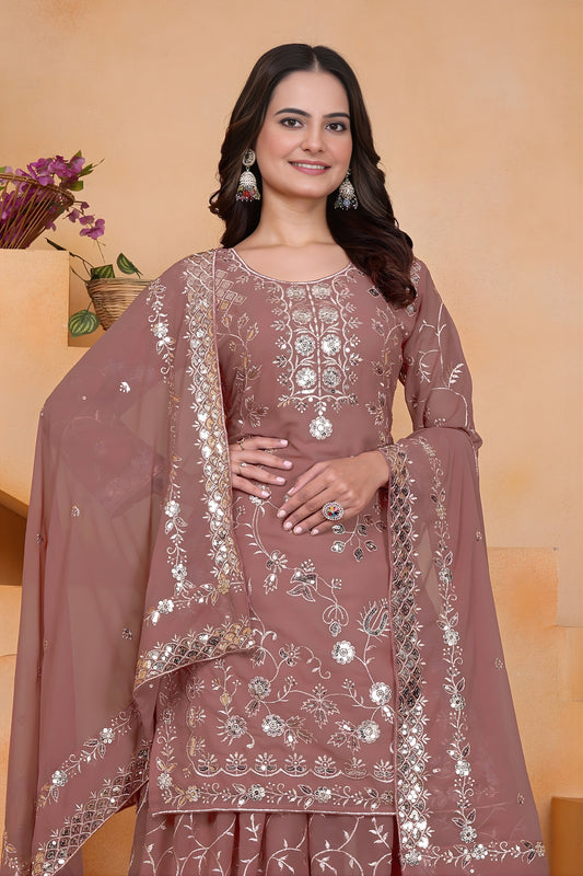 Elegant Mauve Embroidered Faux Georgette Palazzo Suit with Dupatta for Wedding