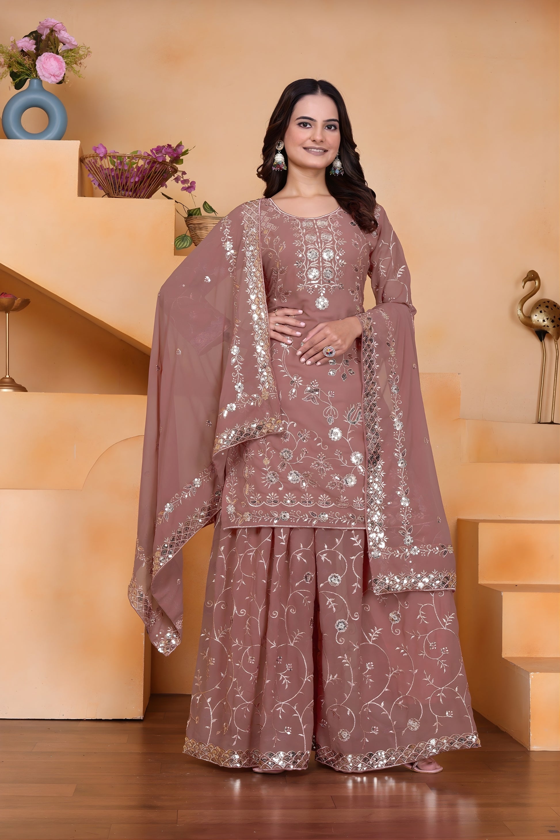 Elegant Mauve Embroidered Faux Georgette Palazzo Suit with Dupatta for Wedding