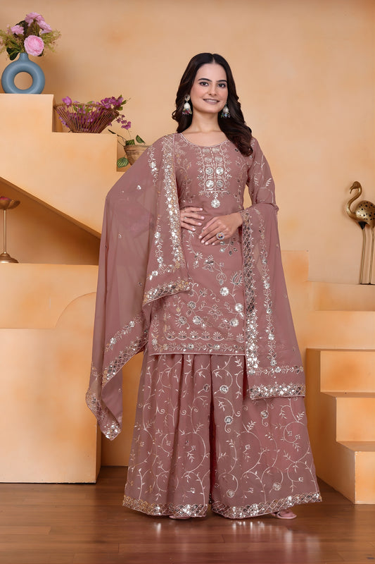 Elegant Mauve Embroidered Faux Georgette Palazzo Suit with Dupatta for Wedding