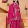 Stunning Rani Pink Embroidered Faux Georgette Palazzo Suit with Dupatta for Wedding