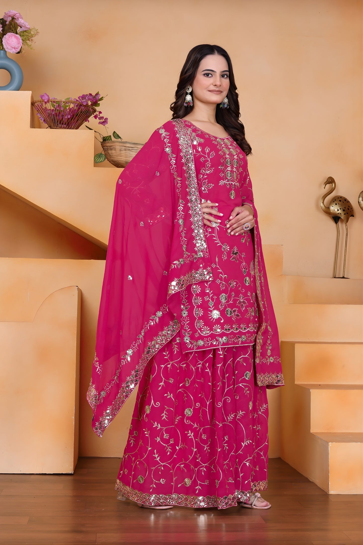 Stunning Rani Pink Embroidered Faux Georgette Palazzo Suit with Dupatta for Wedding