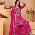 Stunning Rani Pink Embroidered Faux Georgette Palazzo Suit with Dupatta for Wedding