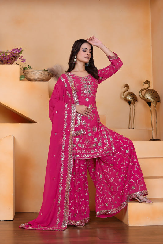 Stunning Rani Pink Embroidered Faux Georgette Palazzo Suit with Dupatta for Wedding