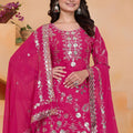 Stunning Rani Pink Embroidered Faux Georgette Palazzo Suit with Dupatta for Wedding