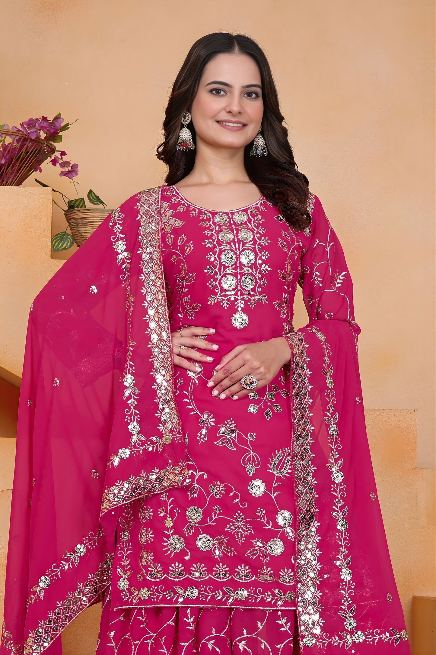 Stunning Rani Pink Embroidered Faux Georgette Palazzo Suit with Dupatta for Wedding