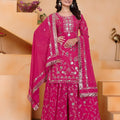 Stunning Rani Pink Embroidered Faux Georgette Palazzo Suit with Dupatta for Wedding