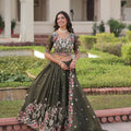 Designer Olive Green Gold Crush Floral Embroidered Lehenga Choli with Dupatta for Wedding