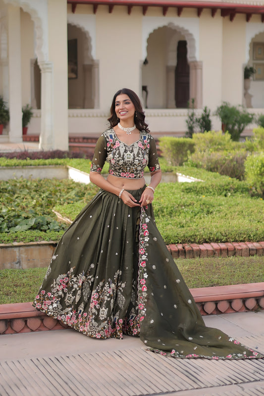Designer Olive Green Gold Crush Floral Embroidered Lehenga Choli with Dupatta for Wedding