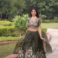 Designer Olive Green Gold Crush Floral Embroidered Lehenga Choli with Dupatta for Wedding
