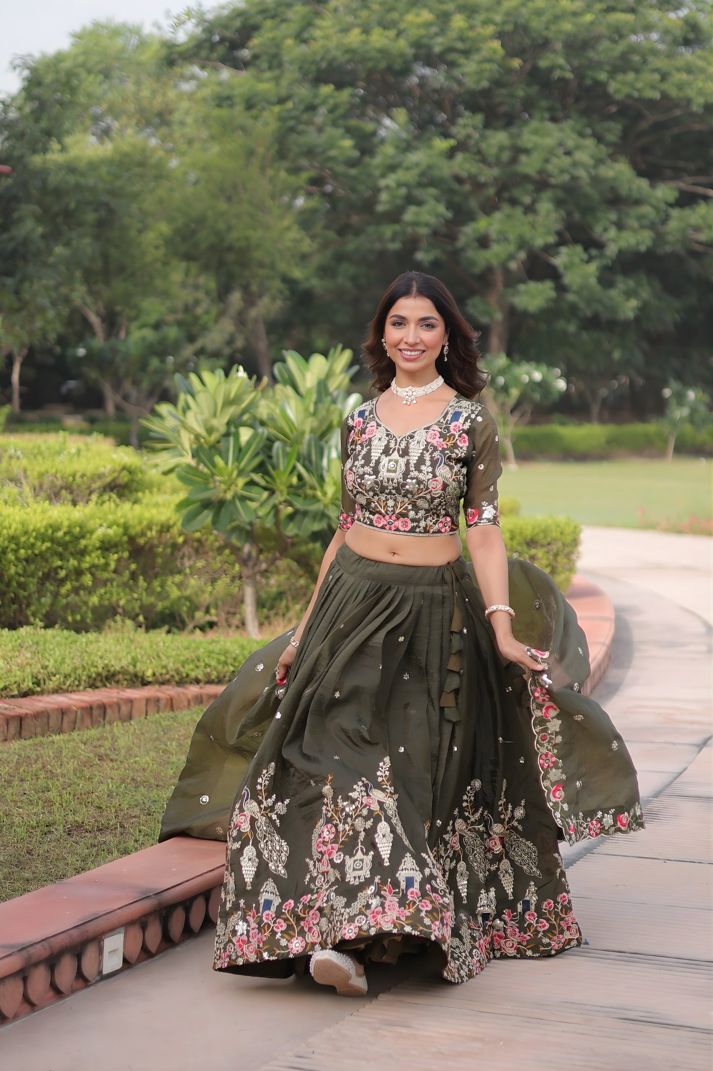 Designer Olive Green Gold Crush Floral Embroidered Lehenga Choli with Dupatta for Wedding