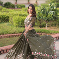 Designer Olive Green Gold Crush Floral Embroidered Lehenga Choli with Dupatta for Wedding