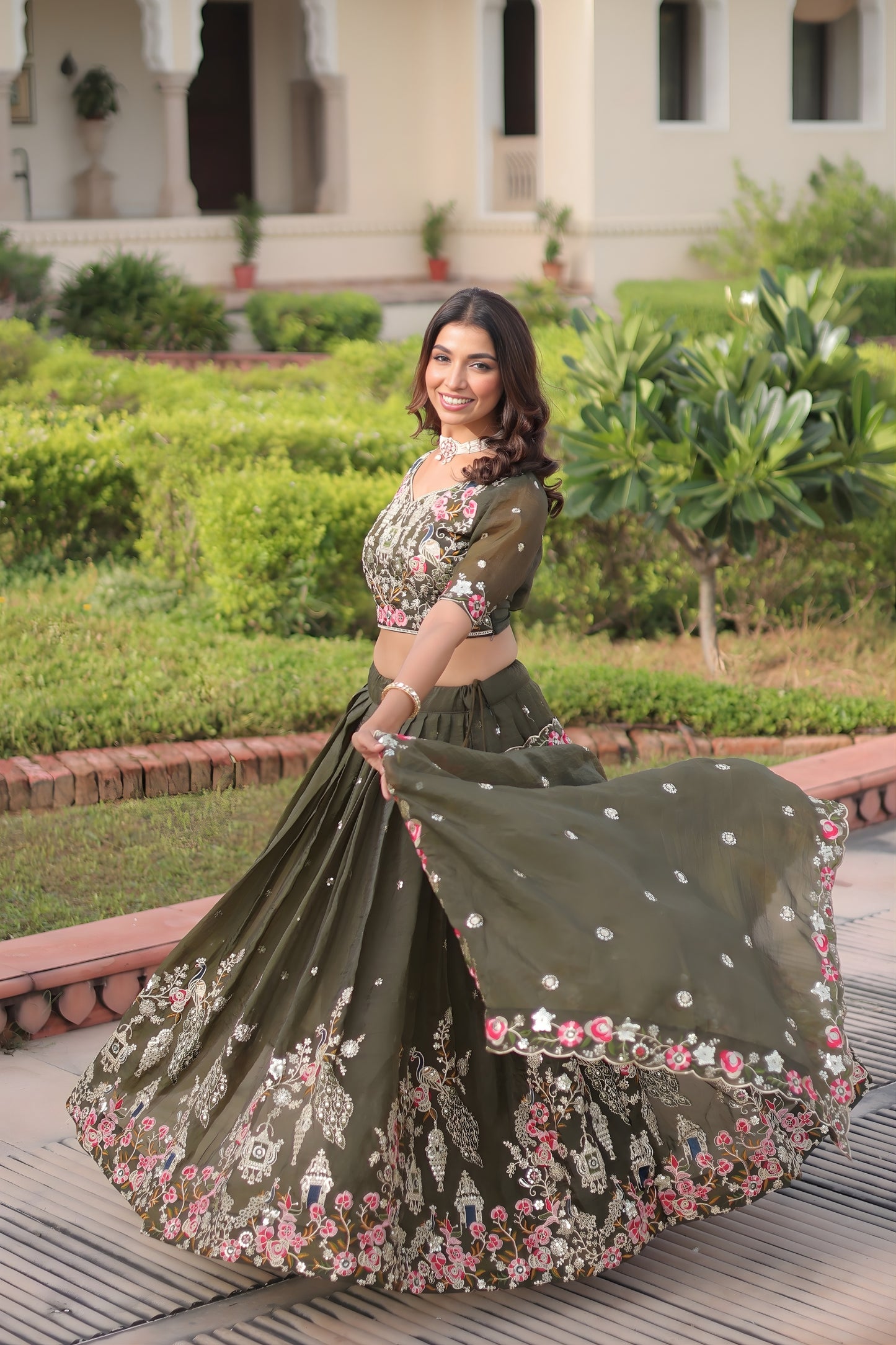Designer Olive Green Gold Crush Floral Embroidered Lehenga Choli with Dupatta for Wedding