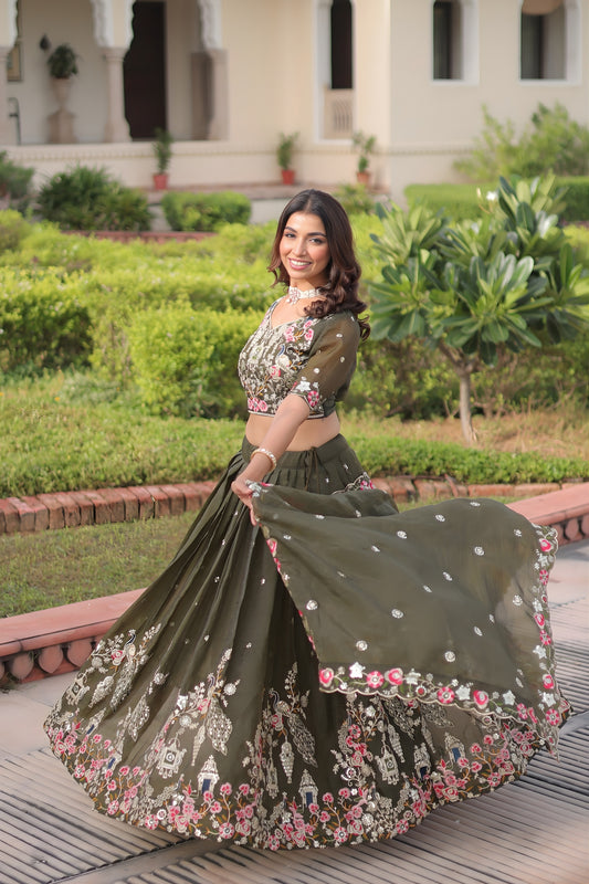 Designer Olive Green Gold Crush Floral Embroidered Lehenga Choli with Dupatta for Wedding