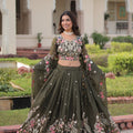 Designer Olive Green Gold Crush Floral Embroidered Lehenga Choli with Dupatta for Wedding