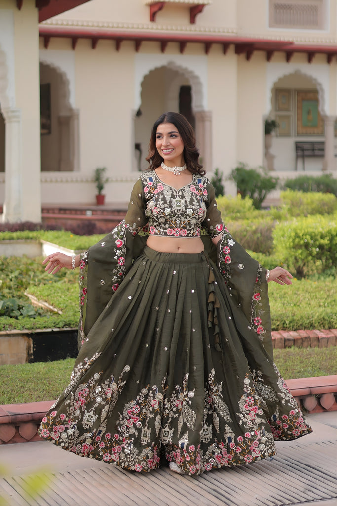 Designer Olive Green Gold Crush Floral Embroidered Lehenga Choli with Dupatta for Wedding