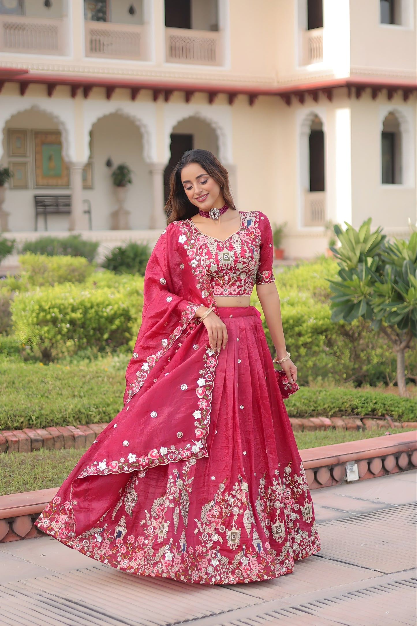 Lovely Pink Gold Crush Floral Embroidered Lehenga Choli with Dupatta for Wedding