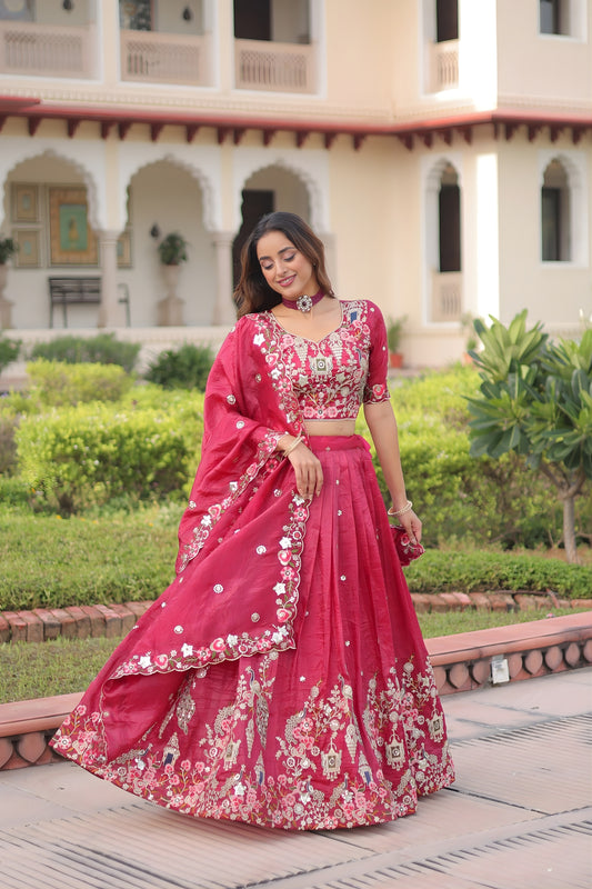 Lovely Pink Gold Crush Floral Embroidered Lehenga Choli with Dupatta for Wedding