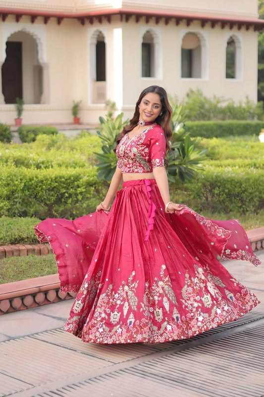 Lovely Pink Gold Crush Floral Embroidered Lehenga Choli with Dupatta for Wedding