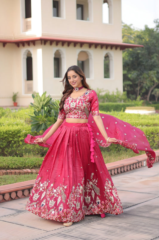 Lovely Pink Gold Crush Floral Embroidered Lehenga Choli with Dupatta for Wedding