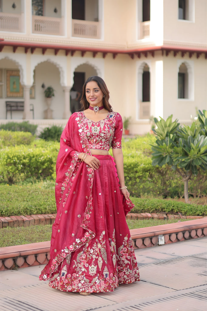 Lovely Pink Gold Crush Floral Embroidered Lehenga Choli with Dupatta for Wedding