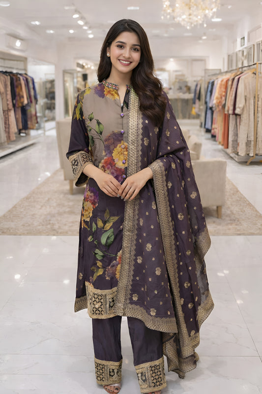 Elegant Purple Floral Printed Silk Salwar Suit with Jacquard Dupatta for Festive Wear