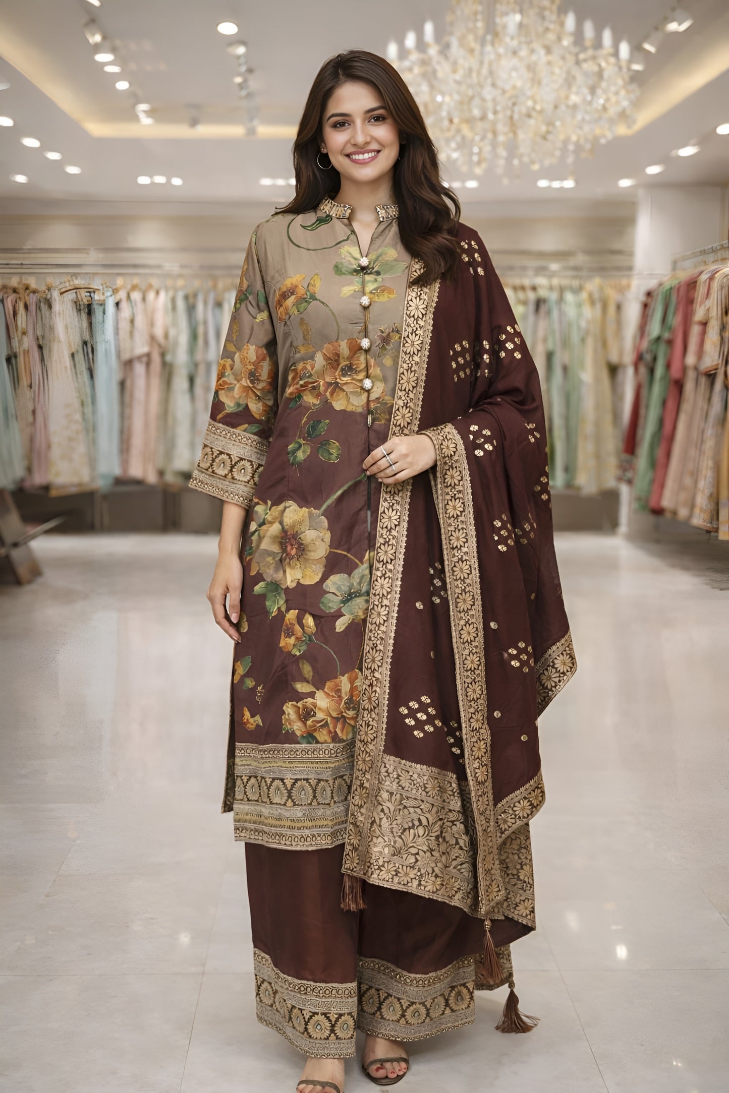 Superb Brown Floral Printed Silk Salwar Suit with Jacquard Dupatta for Festive Wear