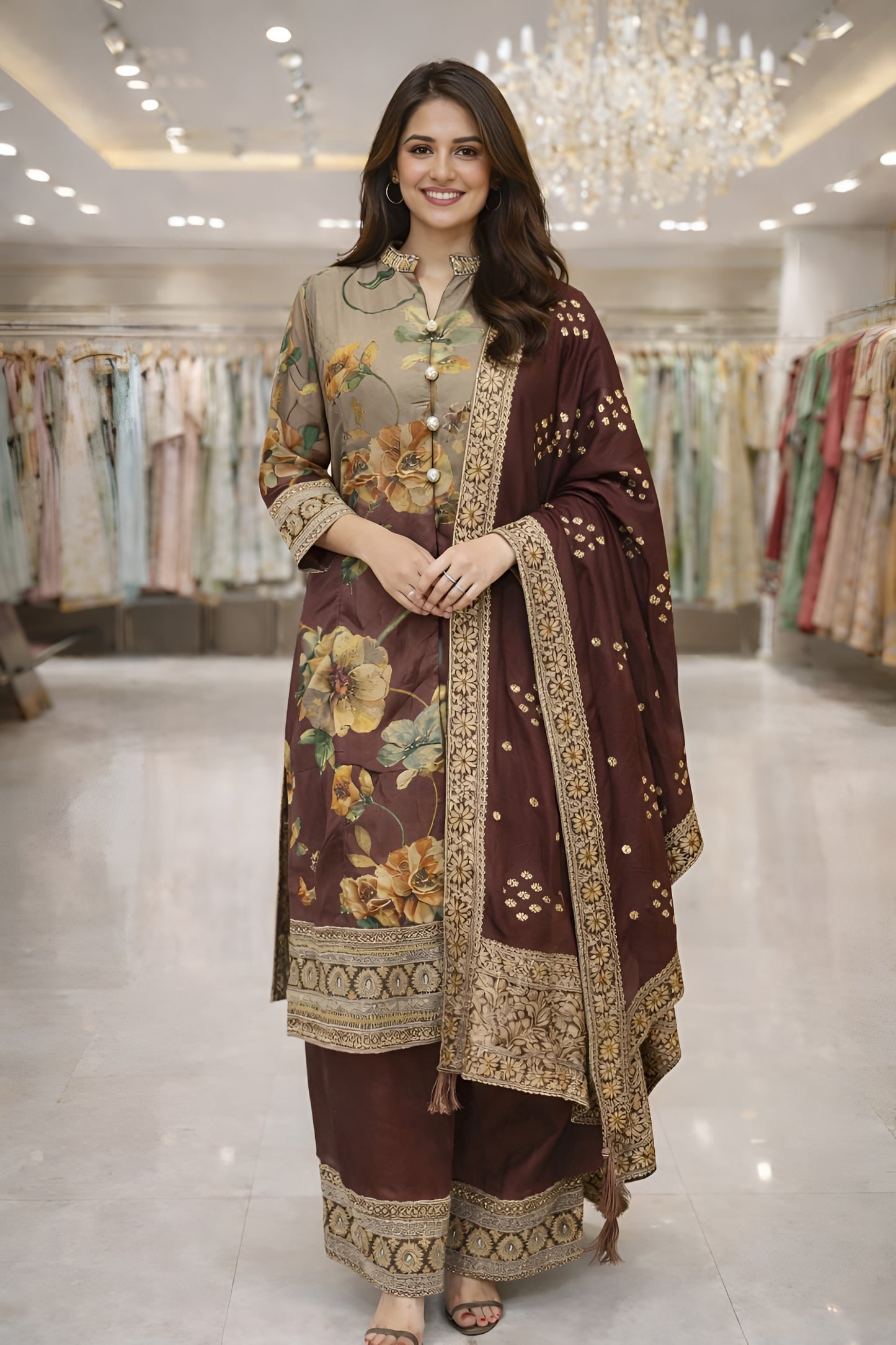 Superb Brown Floral Printed Silk Salwar Suit with Jacquard Dupatta for Festive Wear