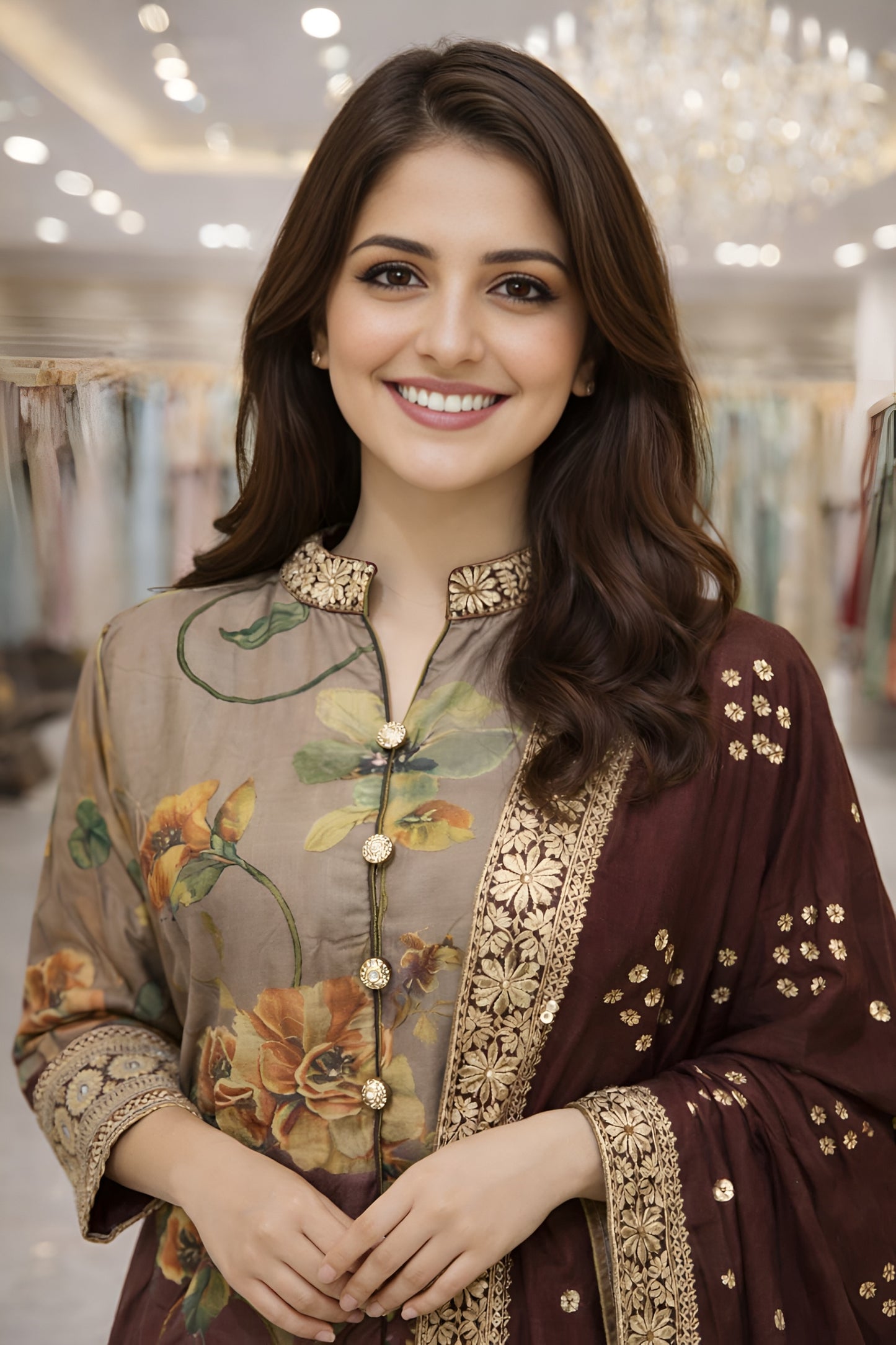 Superb Brown Floral Printed Silk Salwar Suit with Jacquard Dupatta for Festive Wear