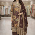 Superb Brown Floral Printed Silk Salwar Suit with Jacquard Dupatta for Festive Wear