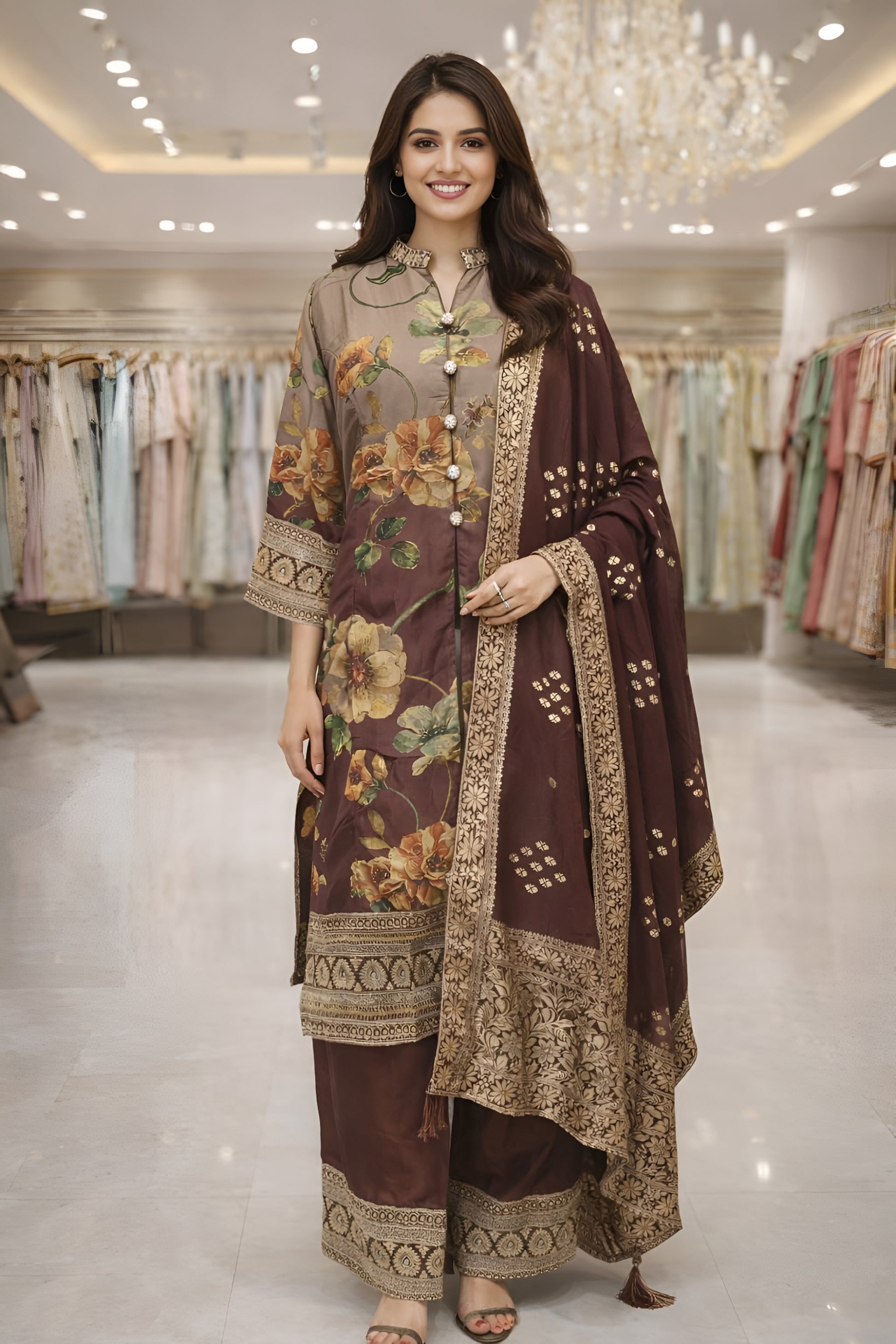 Superb Brown Floral Printed Silk Salwar Suit with Jacquard Dupatta for Festive Wear