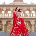 Designer Red Embroidered Vichitra Silk Lehenga Choli Set with Dupatta for Wedding