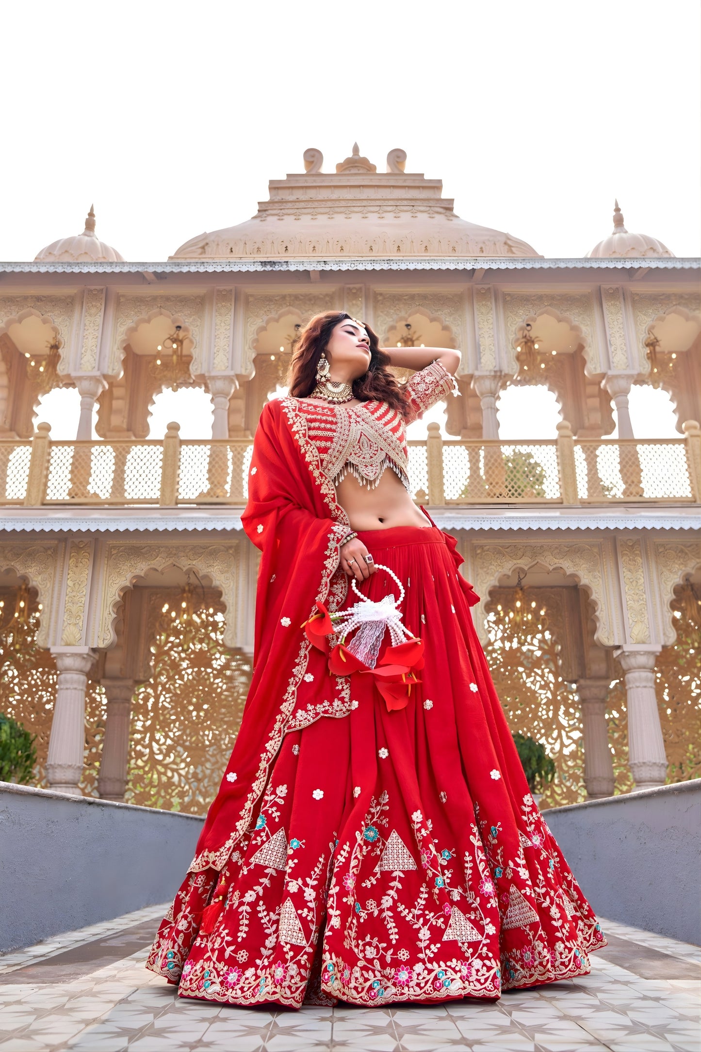 Designer Red Embroidered Vichitra Silk Lehenga Choli Set with Dupatta for Wedding