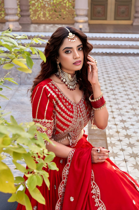 Designer Red Embroidered Vichitra Silk Lehenga Choli Set with Dupatta for Wedding