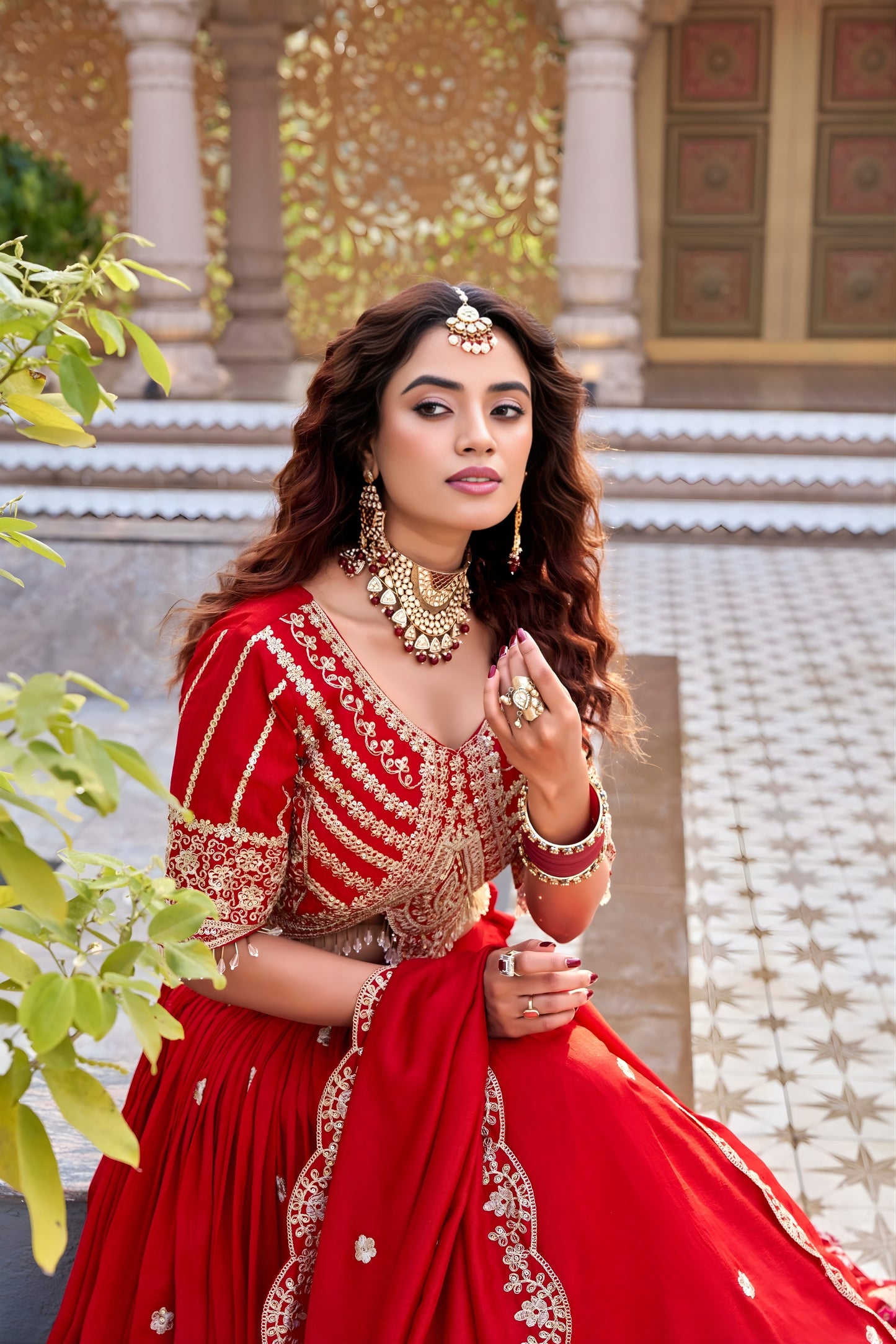Designer Red Embroidered Vichitra Silk Lehenga Choli Set with Dupatta for Wedding