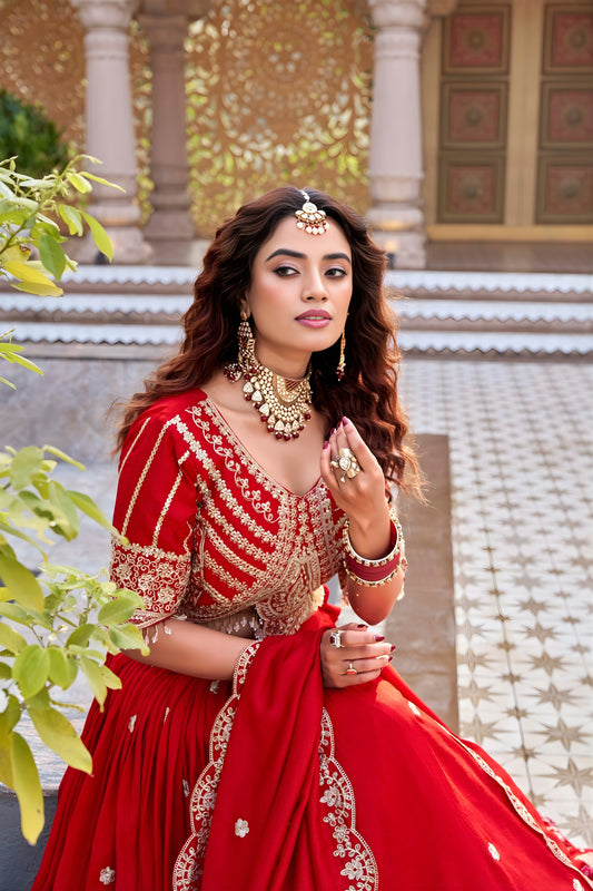 Designer Red Embroidered Vichitra Silk Lehenga Choli Set with Dupatta for Wedding