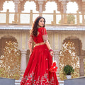 Designer Red Embroidered Vichitra Silk Lehenga Choli Set with Dupatta for Wedding
