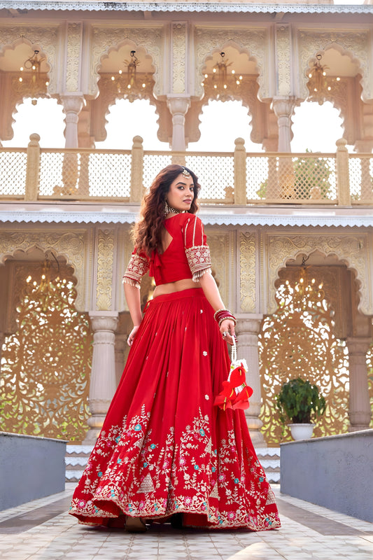 Designer Red Embroidered Vichitra Silk Lehenga Choli Set with Dupatta for Wedding
