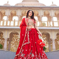 Designer Red Embroidered Vichitra Silk Lehenga Choli Set with Dupatta for Wedding